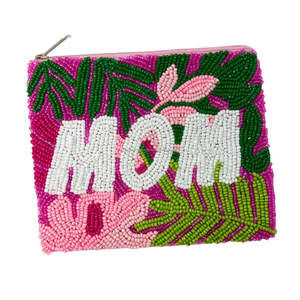 Porte-monnaie perlé MOM, motif floral, broderie de perles de rocaille, pochette faite main, cadeau, portefeuille zippé, artisanat personnalisé, écologique - Product Image 1