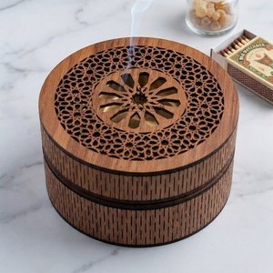 Round Wooden <b>Bakhoor</b> Burner Box 2-in-1 Arabic <b>Oud</b> Incense Holder & Storage Case With Removable Metal Cup For Home Decoration - Product Image 3