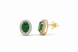 Oval Cut <b>Emerald</b> Earrings with Round Diamond <b>Studs</b> for Women Natural and Lab Grown Diamond - Product Image 2