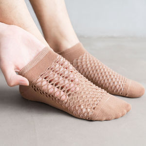 Fishnet Ankle <b>Socks</b> Women Breathable Cotton Bamboo Fiber Knitted Geometric Pattern Summer Daily Wear Light <b>Brown</b> - Product Image 1