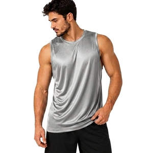 Camiseta sin Mangas Gris para Hombre, Cuello Redondo, Secado Rápido, Transpirable, Color Sólido, Tejida, 100% Poliéster, Deportiva, para Entrenamiento - Product Image 3