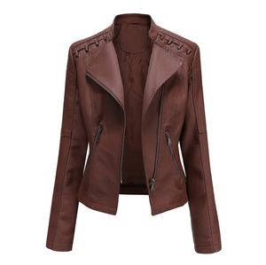 2026 Women's PU Leather Moto <b>Jacket</b> Stand Collar Full Sleeve Zipper Closure Solid Color Windproof Short Length Autumn Wear - Product Image 2