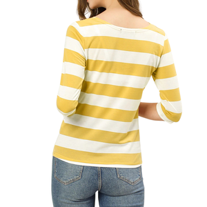 Camiseta 100% algodón de suministro estable para mujer, estilo preppy, a rayas, cuello redondo, manga tres cuartos, ajuste slim, color amarillo. - Product Image 3