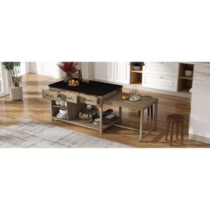 TREXM Extensible Retro Kitchen Island Cart Tomas de corriente Espresso Natural Estantes abiertos Almacenamiento multifuncional Ruedas Cajones - Product Image 5