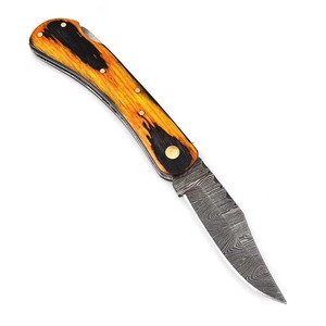 Custom Handmade Damascus Steel <b>Pocket</b> Knife with Buffalo Horn Handle and Fine Leather Sheath Camping Knife <b>Folder</b> Knife - Product Image 1