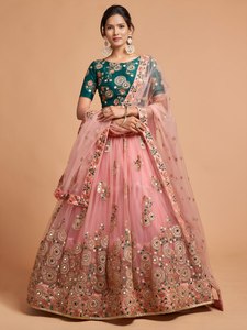 Pink Long <b>Net</b> Lehenga Choli Set with Real Mirror Work and Sequences Embroidery for Indian Wedding Dress for Women - Product Image 1