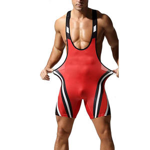 <b>Men</b> Wrestling <b>Singlet</b> Red Black White Stripe Deep V Neck Racerback Spandex Polyester Quick Dry Breathable Training Uniform - Product Image 2