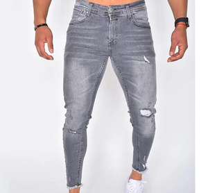 Jeans de mezclilla para hombre, corte ajustado, desgastados, grises, de cintura alta, estilo casual, de algodón de peso medio, pierna recta, para otoño, en oferta - Product Image 1