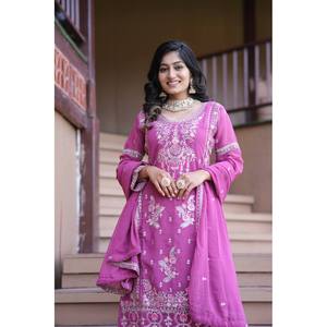 Conjunto de mujer Kurti Plazzo bordado con borde de encaje para fiestas - Product Image 3