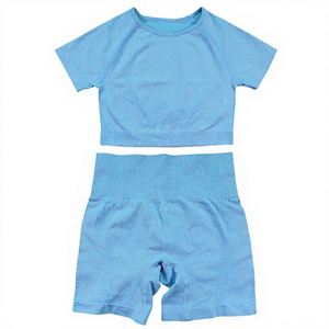 Girls Blue <b>Short</b> Sleeve <b>Crop</b> <b>Top</b> & <b>Shorts</b> Set Crew Neck Solid Color Breathable Casual Summer Outfit Lightweight Spandex Cotton - Product Image 1