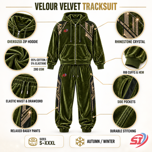 Ensemble de survêtement en velours premium Olive Velvet District 280 GSM avec strass et cristaux, comprenant un sweat à capuche et un pantalon ample, pour un look décontracté et tendance. - Product Image 5