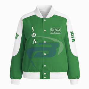 Chaqueta de sarga de algodón estilo carreras Iota Phi Lambda IPL Sorority, ropa griega, chaqueta de carreras con cuello alto y bloques de color para hermandades. - Product Image 2