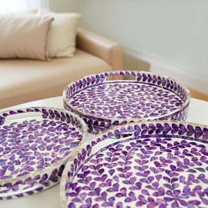 Bandeja Redonda con Incrustaciones de Madreperla Morada, Bandeja para Servir y Mesa de Centro, Decoración con Patrón de Hojas, Hecha a Mano - Product Image 2