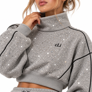Conjunto de Sudadera Corta con Cuello Alto y Pedrería en Tono Gris Jaspeado, con Ribete Personalizado, para Mujer, Fabricante de Chándales Brillantes de Forro Polar - Product Image 2