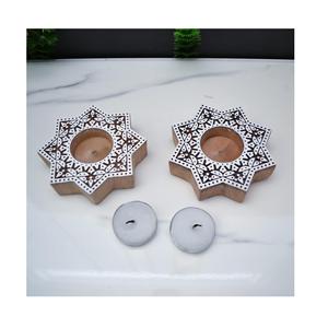 Wooden <b>Tea</b> Light Candle Holder <b>Stand</b> for Diwali Handmade Block Print Star Shaped T Light Holder for Home Decor - Product Image 1
