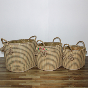 Eco Friendly Woven Palm Leaf Modern Rectangle <b>Storage</b> <b>Basket</b> Set with <b>Rope</b> Handles for Laundry <b>Storage</b> - Product Image 1