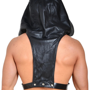 Harnais de poitrine en cuir noir avec capuche, ajustement réglable, idéal pour les tenues de club - Product Image 5