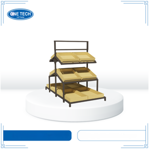 One Tech Industrial 3 Tier Produce Display Stand Black Iron Structure Pine Wood <b>Crates</b> Tilting Tier Easy Access for Supermarket - Product Image 1