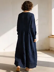 Robe longue en coton et lin bleu marine pour femmes, coupe ample, manches longues, col rond, robe décontractée bohème - Product Image 4