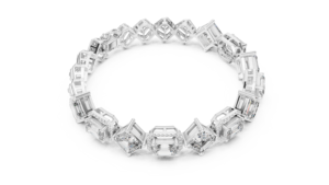 Bracelet de luxe intemporel en or blanc 10K avec émeraude de laboratoire taille radiant et diamants multiformes géométriques plaqués rhodium - Product Image 2