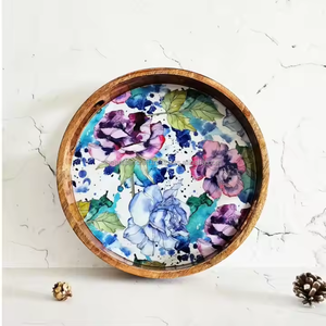 Plateau de service en bois émaillé fabriqué à la main forme ronde meilleure qualité avec motif floral produit cadeau unique - Product Image 3