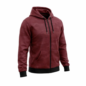 Men's Maroon Camouflage Hooded <b>Zip</b>-Up Fleece Jacket Casual Autumn Wear Regular Fit with <b>Pockets</b> and Black Trim <b>Hoodie</b> - Product Image 3