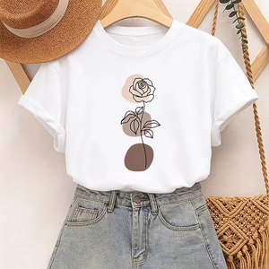Camiseta de Cuello Redondo para Mujer, Diseño Minimalista con Estampado Floral en Tonos Beige, Marrón y Rosa, Ecológica, Transpirable, 100% Algodón, Estilo Casual - Product Image 1