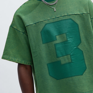 High Quality Short Sleeve Distressed T-shirts Custom Graphic Number Green Oversized Vintage Washed T-shirt For Men - Product Image 3