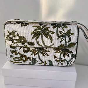 Rectangular Glass Beads Handbag Blue Fish Embroidery (Polyester) Textile <b>Foundation</b> Fabric White Base Washable - Product Image 1