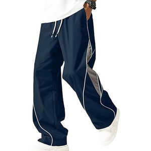Men’s Casual Navy Blue Track Pants Lightweight Windbreaker Jogger Trousers with White Contrast Piping and Side Panel <b>Athletic</b> - Product Image 3