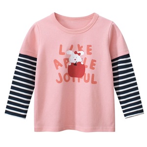 Camiseta de Contraste para Niñas, Camiseta con Bloques de Color, Camiseta de Doble Capa de Manga Larga con Cuello Redondo, Camiseta con Estampado Gráfico de Rayas, Unisex - Product Image 1