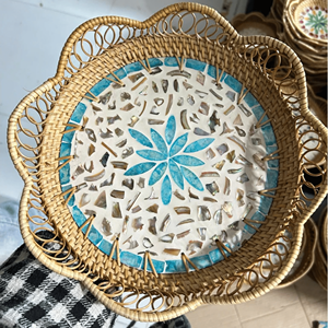 Mosaic Rattan Serving Tray Mother Pearl Inlay: Round <b>Wicker</b> Tray for Dinning Table Natural Boho Table Decor Rustic Home Gift - Product Image 3