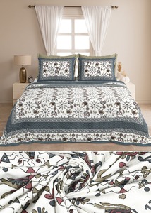 Parure de lit indienne personnalisable en coton 100% imprimé à la main Manthan, motif floral, 300 fils, résistante à la décoloration, toutes saisons, 40 fils au pouce carré - Product Image 3