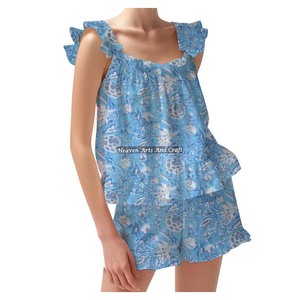 100% Cotton Long Comfy Shorts Pajama Set Soft Dress Spring/Summer Floral Fitted Strappy Ruffle <b>Trim</b> Sleeves PJ Set - Product Image 3