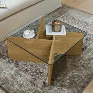 Tavolino da Caffè Quadrato in Stile Mid-Century Modern da 31,5 Pollici, Tavolo Centrale in Legno Antico con Piano in Vetro per Soggiorno - Product Image 2