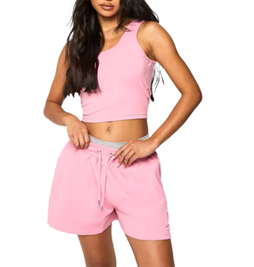 Women's Pink Strapless Sleeveless Crop Top Shorts 2-Piece <b>Set</b> Solid Polyester/Cotton <b>Knitted</b> Fabric Breathable Casual Summer - Product Image 1