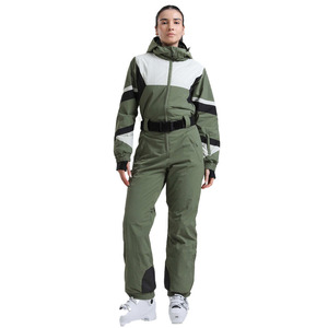 Custom <b>Women</b> <b>One</b> <b>Piece</b> <b>Ski</b> <b>Suit</b> Waterproof Windproof Olive Green Color Block Snowboard Jumpsuit with Hood and Belt - Product Image 4