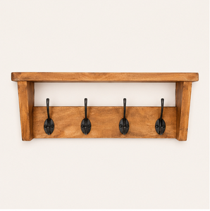 Perchero de pared rústico de madera maciza con estante y 5 ganchos de hierro fundido para la entrada, pasillo o cuarto de servicio, organizador para la decoración del hogar. - Product Image 1