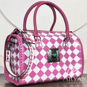 Pink & White Checkered Large Speedy Bag with Turquoise Concho Hand <b>Tooled</b> Cow <b>Leather</b> Crossbody Handbags Stylish Travel Duffels - Product Image 1