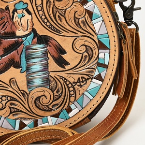 Sac rond de style western pour femme de haute qualité, en cuir véritable, avec motif floral, pour l'automne, accessoire de sac à dos - Product Image 3