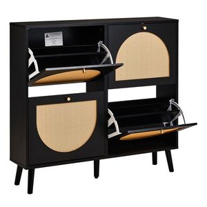 Scarpiera in Rattan a 2 File e 4 Contenitori, con Piedini Alti, 105x24x98cm, Telaio Nero + Pannello Truciolare Originale + Rattan Sintetico Nero - Product Image 5