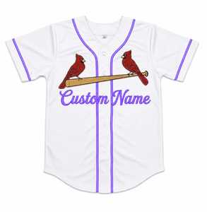 Camiseta deportiva de béisbol sublimada personalizada, blanca con ribete morado claro, transpirable, de secado rápido, ropa deportiva atlética. - Product Image 1