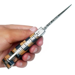 มีดพับเหล็กดามัสกัส ด้ามไม้มะกอกและไม้พัคก้า พร้อมปลอกมีด พกพาสะดวก ใช้สำหรับล่าสัตว์ ตั้งแคมป์ มีดสั่งทำพิเศษ OEM - Product Image 4