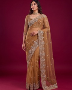 Indian Fancy Brown Net Sequence Embroidery Work <b>Saree</b> with Blouse Elegant Wedding and Festival Party Wear Sari <b>for</b> <b>Women</b> - Product Image 1