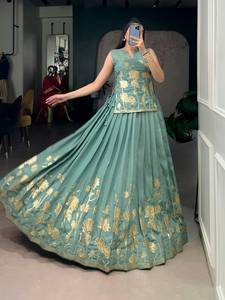 Green Floral Embroidered <b>Lehenga</b> Choli Satin Traditional Indian Outfit Foil Print Wedding Party <b>Women</b> - Product Image 4