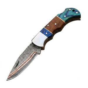 Navaja de bolsillo plegable hecha a mano con hoja de acero de Damasco y cobre, punta de cuchillo tipo Drop Point de 6.5 pulgadas, mango de madera con funda de cuero, cuchillo para exteriores. - Product Image 1