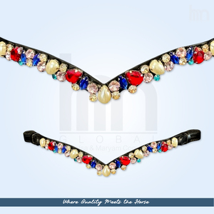 Bridelet de cheval en cuir personnalisé en forme de V avec cristaux multicolores et perles à clipser – Accessoires d'équitation scintillants - Product Image 1