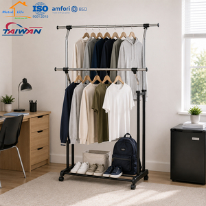 Double <b>Rod</b> Garment Rack Stainless Steel Standing Clothes Organizer for Bedroom Minimalist Design with Wheels - Product Image 4