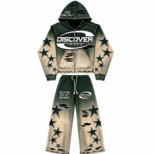 Ensemble de survêtement personnalisé pour homme, comprenant un sweat à capuche épais et un pantalon de survêtement évasé, brodé, avec fermeture éclair, effet délavé, style streetwear vintage, haute qualité 4 - Product Image 5