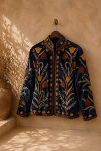 Abrigo de Invierno de Terciopelo Lujoso con Motivos Botánicos, Bordado Floral Intrincado Inspirado en la Arte Tradicional Uzbeko, Chaqueta para Mujer - Product Image 3